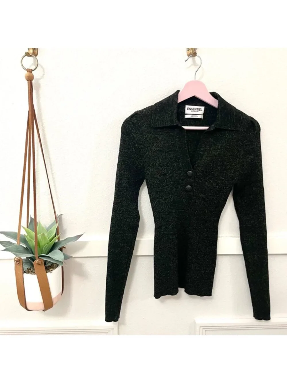 Essentiel Antwerp Khaki and Black Melange Ribbed Knit Sweater S Dark Academia